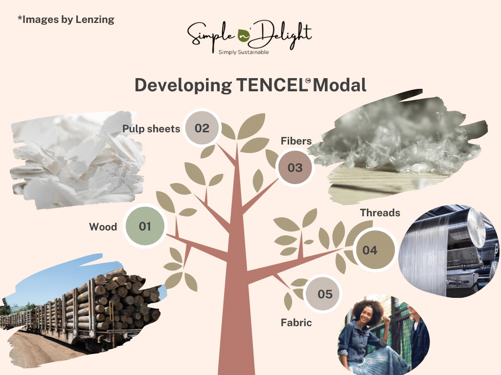 Modal is a type of Rayon fabric that is made from the pulp of beech trees. It is considered a semi-synthetic cellulose fiber since there are many steps required in the processing, from tree to fabric.  