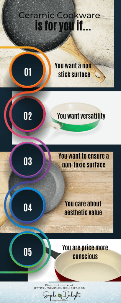 ceramic vs stainless steel cookware: 
 Informative graphic about ceramic cookware benefits. Top section shows a black ceramic frying pan, highlighting 'non-stick surface' as point 01. Middle section displays a white ceramic pan on wood, pointing to 'versatility' and 'non-toxic surface' as points 02 and 03. Lower section shows a beige ceramic pan, underscoring 'aesthetic value' and 'price consciousness' as points 04 and 05. The Simple n' Delight logo and website 'simplendelight.com' are at the bottom.