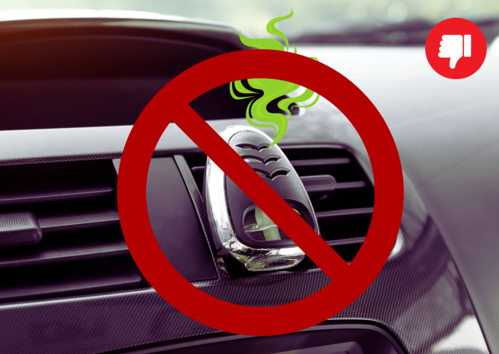 Graphic representation of a prohibited sign over a car vent-mounted air freshener, symbolizing the rejection of toxic car air fresheners.