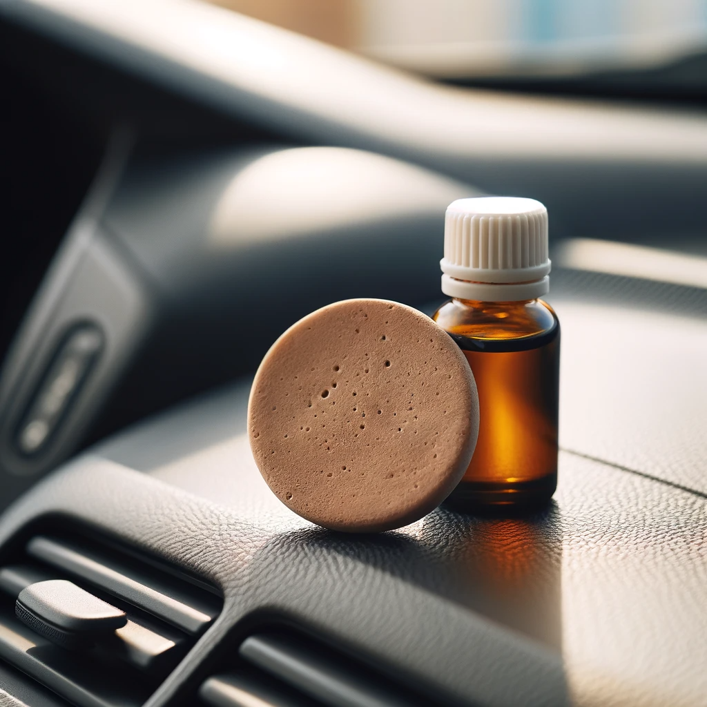 Small terracotta disc paired with a bottle of essential oil on a car dashboard, serving as a natural non-toxic car air freshener