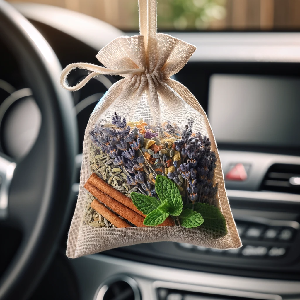 Aromatic sachet filled with dried lavender, mint, and cinnamon sticks, hanging in a car as a natural non-toxic air freshener.

