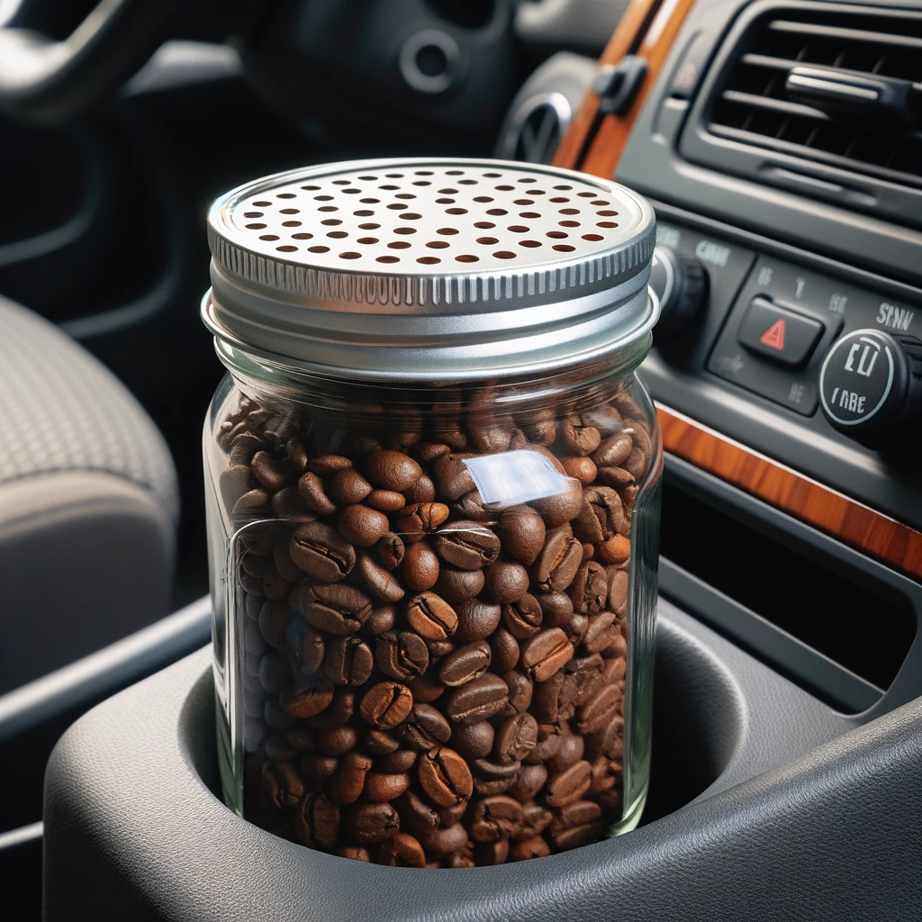 Jar full of whole coffee beans with a DIY perforated lid placed in a car cup holder, used as a non-toxic air freshener.