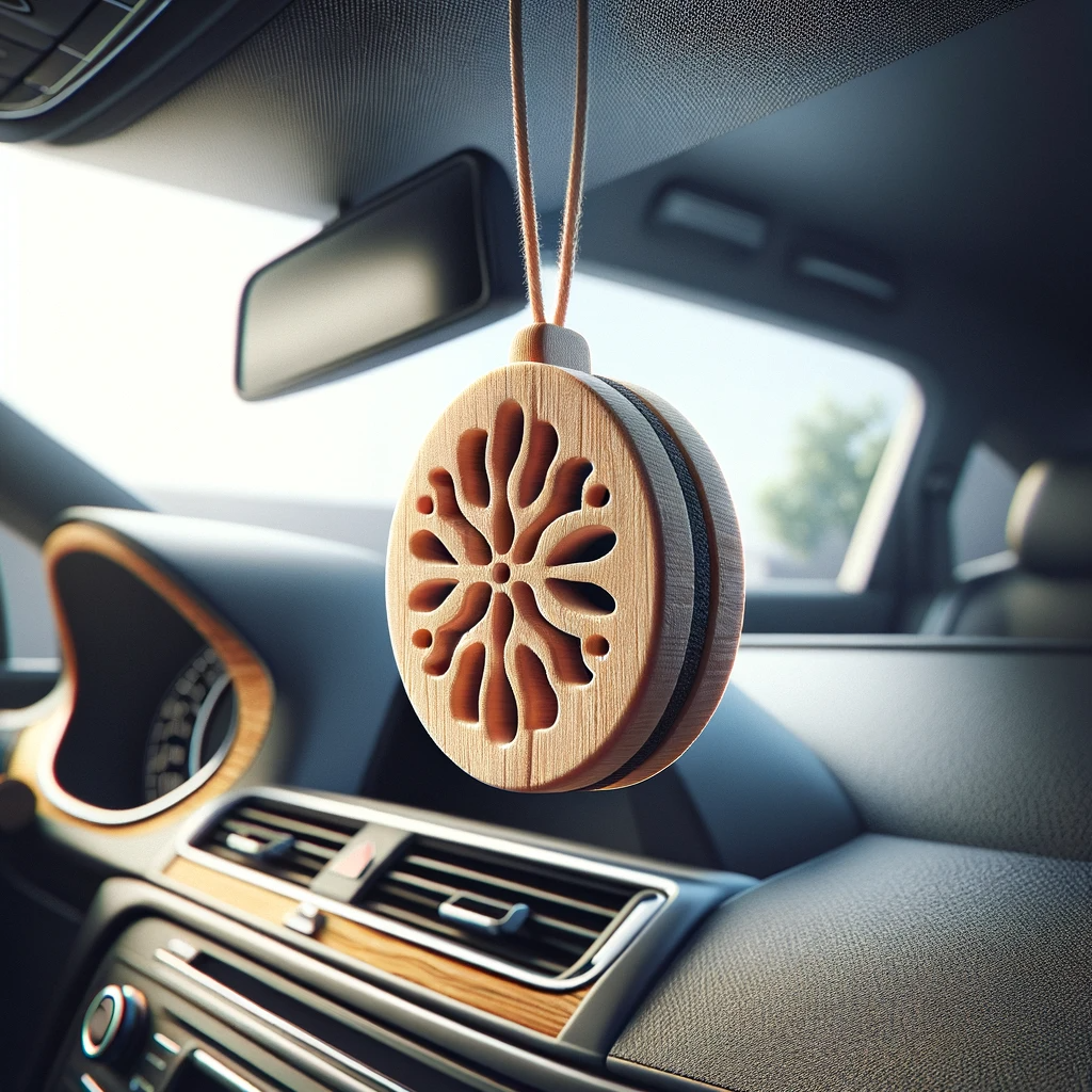 Elegant wooden non-toxic car air freshener hanging from the rearview mirror, offering a natural fragrance solution for vehicles.