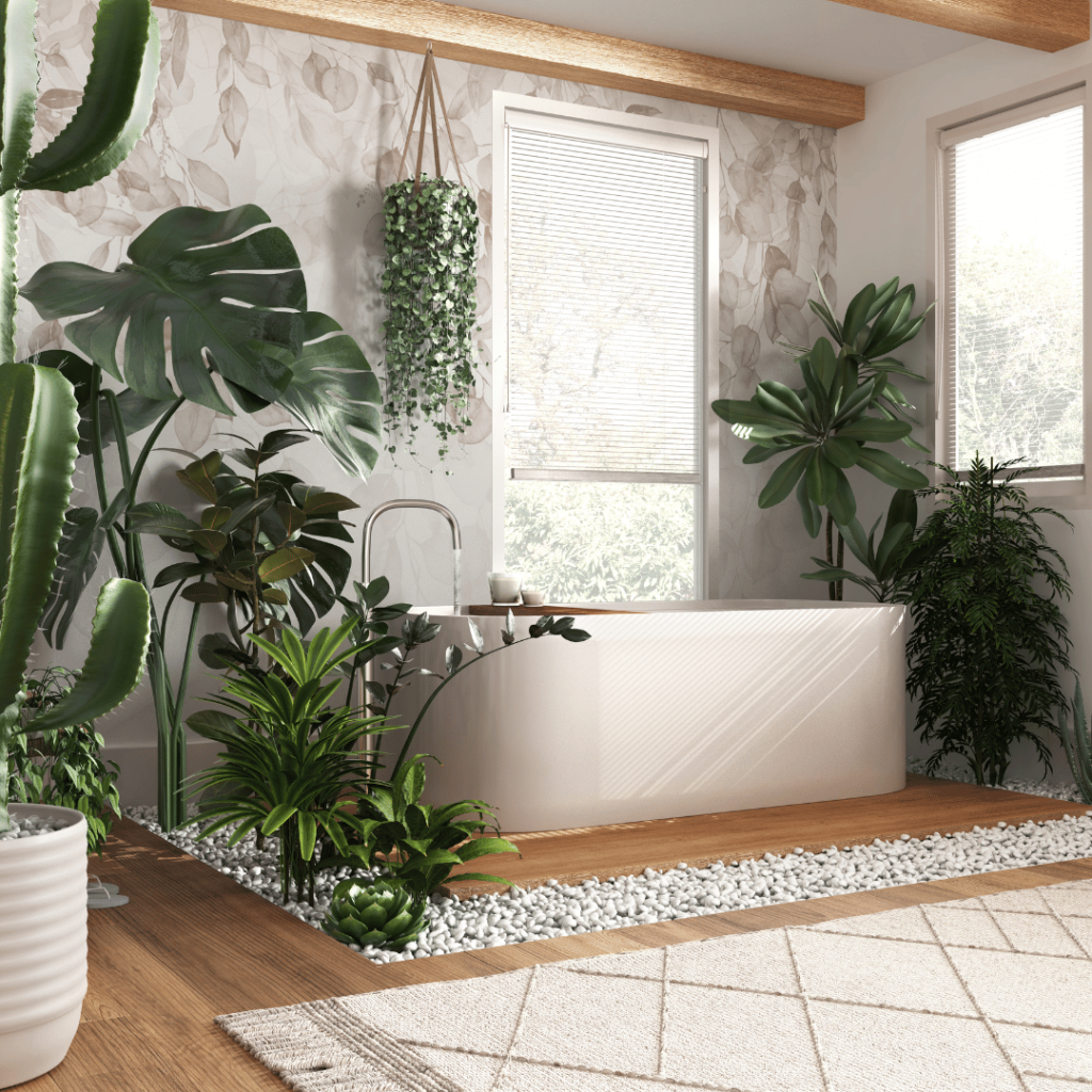 An interior design banner showcasing a room filled with a variety of potted plants, including a cactus, monstera, and hanging greenery. The space features natural wooden elements, a cozy chair with towels, and a pebble decoration on the floor. The backdrop is a subtle leaf pattern wallpaper. 